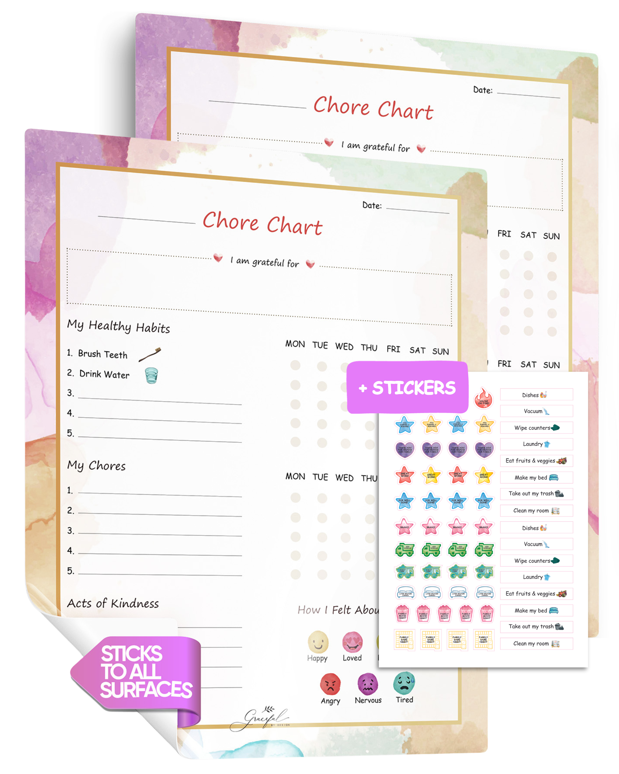 Flexible Stick Weekly Chore Chart and Emotion Tracker Sets for Kids - For Any Flat Surface - Includes Reusable Stickers