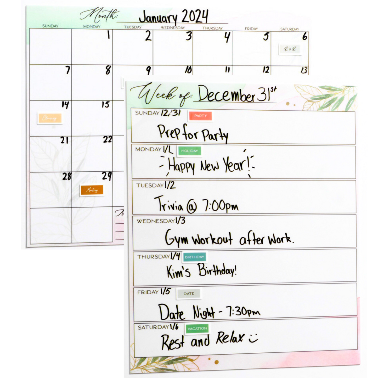 Flexible Stick Dry Erase Monthly and Weekly Calendar Set - Sticks to Any Flat Surface