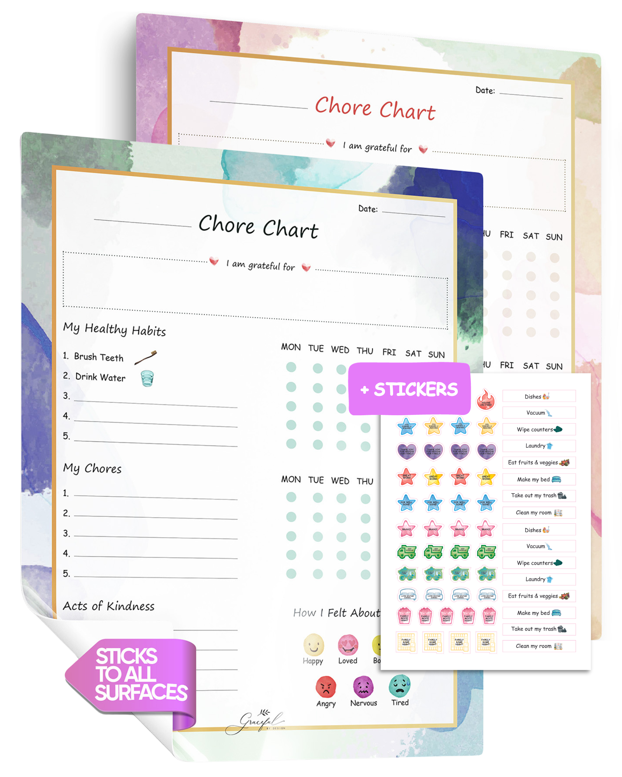 Flexible Stick Weekly Chore Chart and Emotion Tracker Sets for Kids - For Any Flat Surface - Includes Reusable Stickers