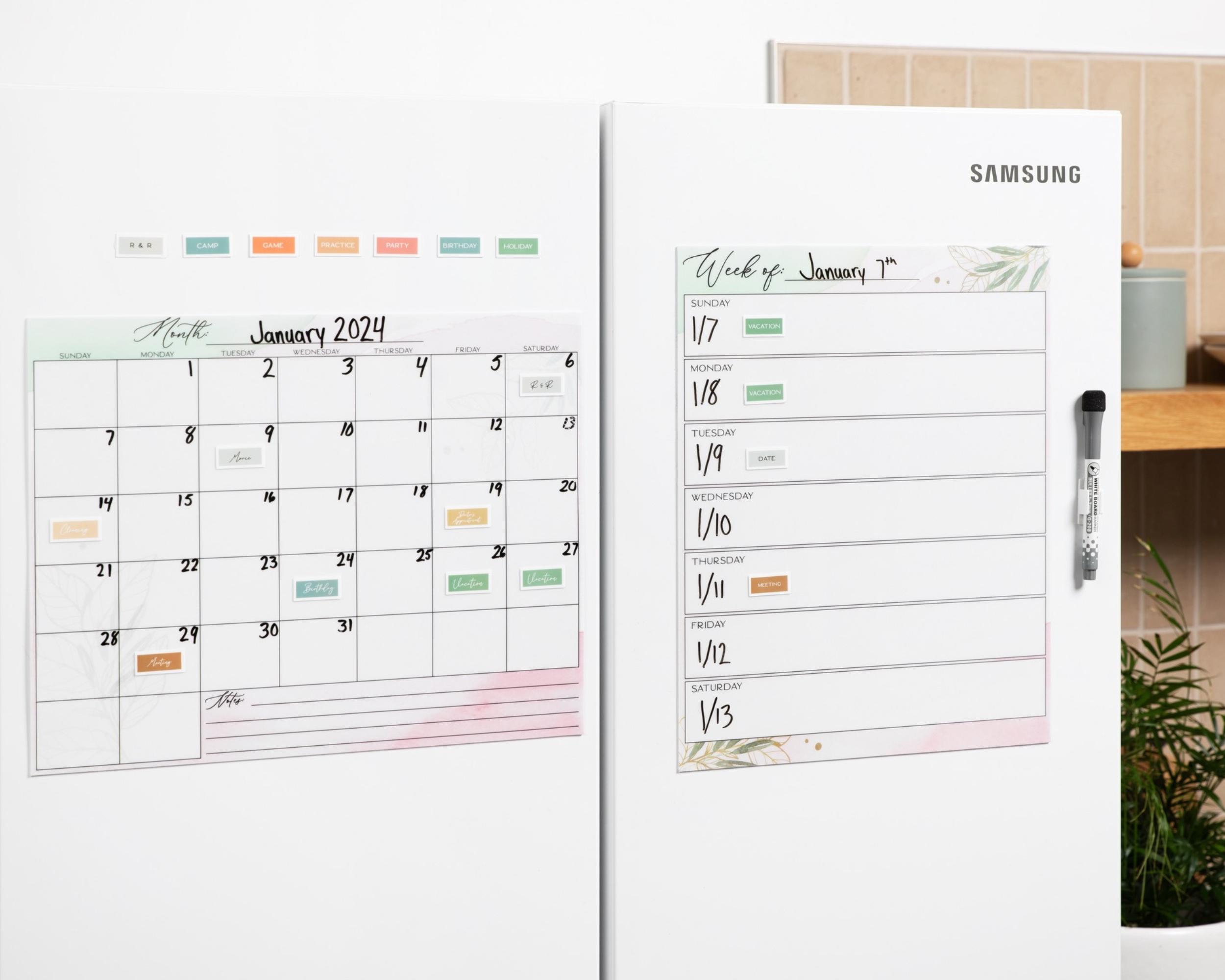 Flexible Stick Dry Erase Monthly and Weekly Calendar Set - Sticks to Any Flat Surface