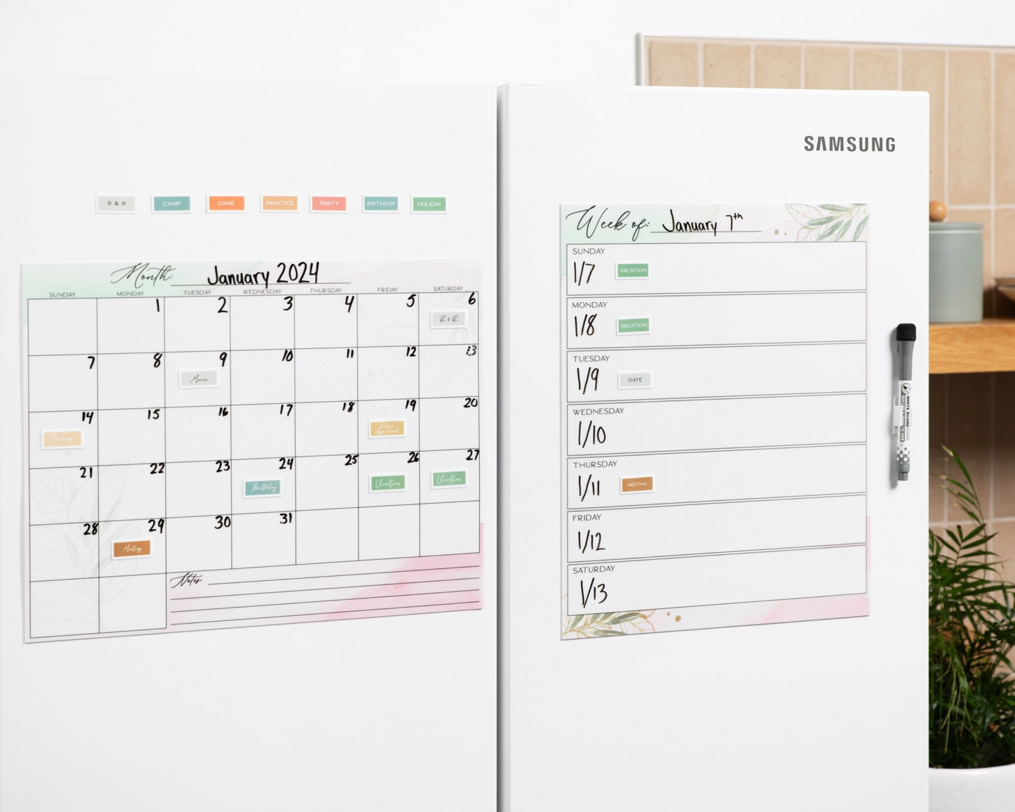 Flexible Stick Dry Erase Monthly and Weekly Calendar Set - Sticks to Any Flat Surface