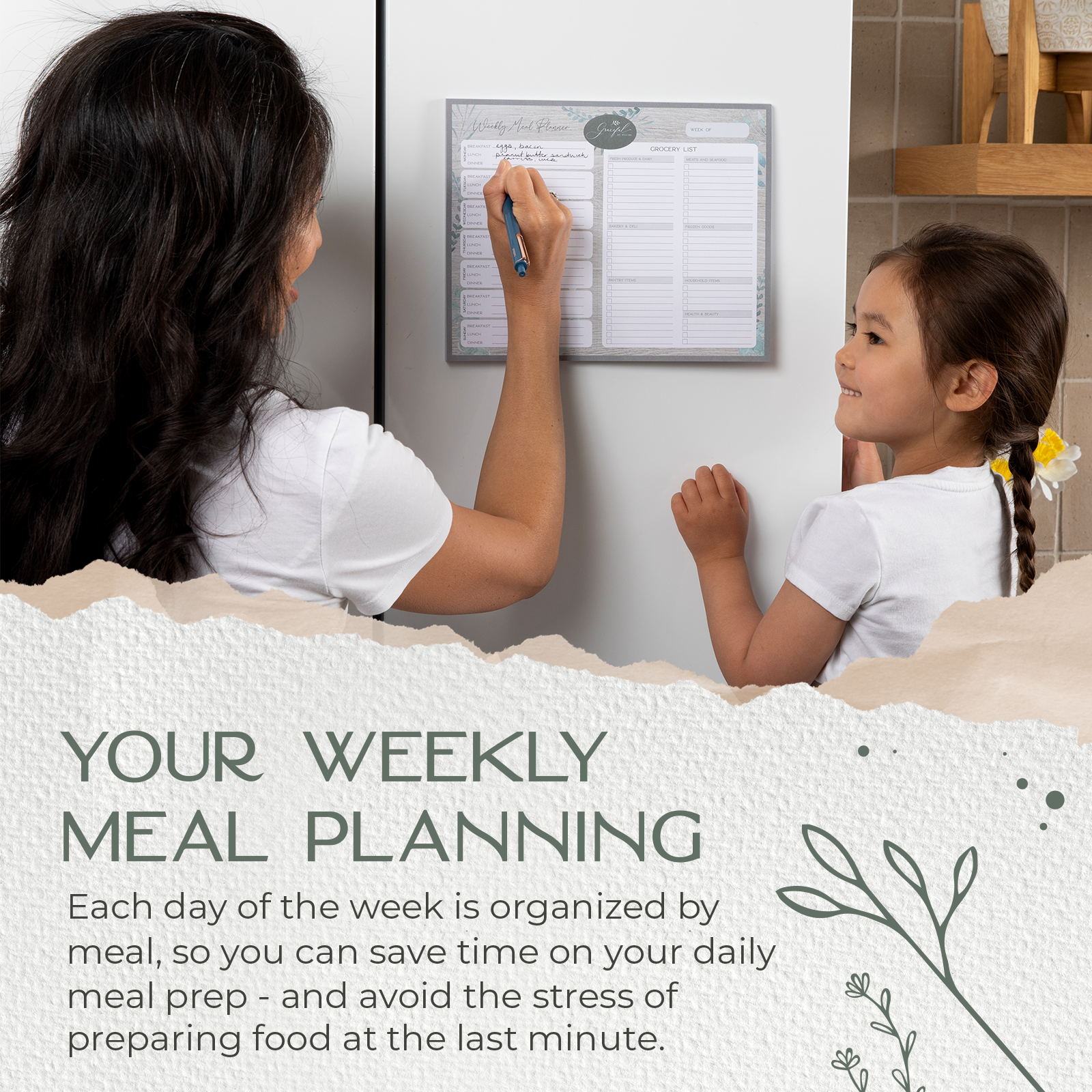 Weekly Meal Planner and Grocery List Notepad - Magnetic & Adhesive - Perforated Grocery List Categorized By Aisle