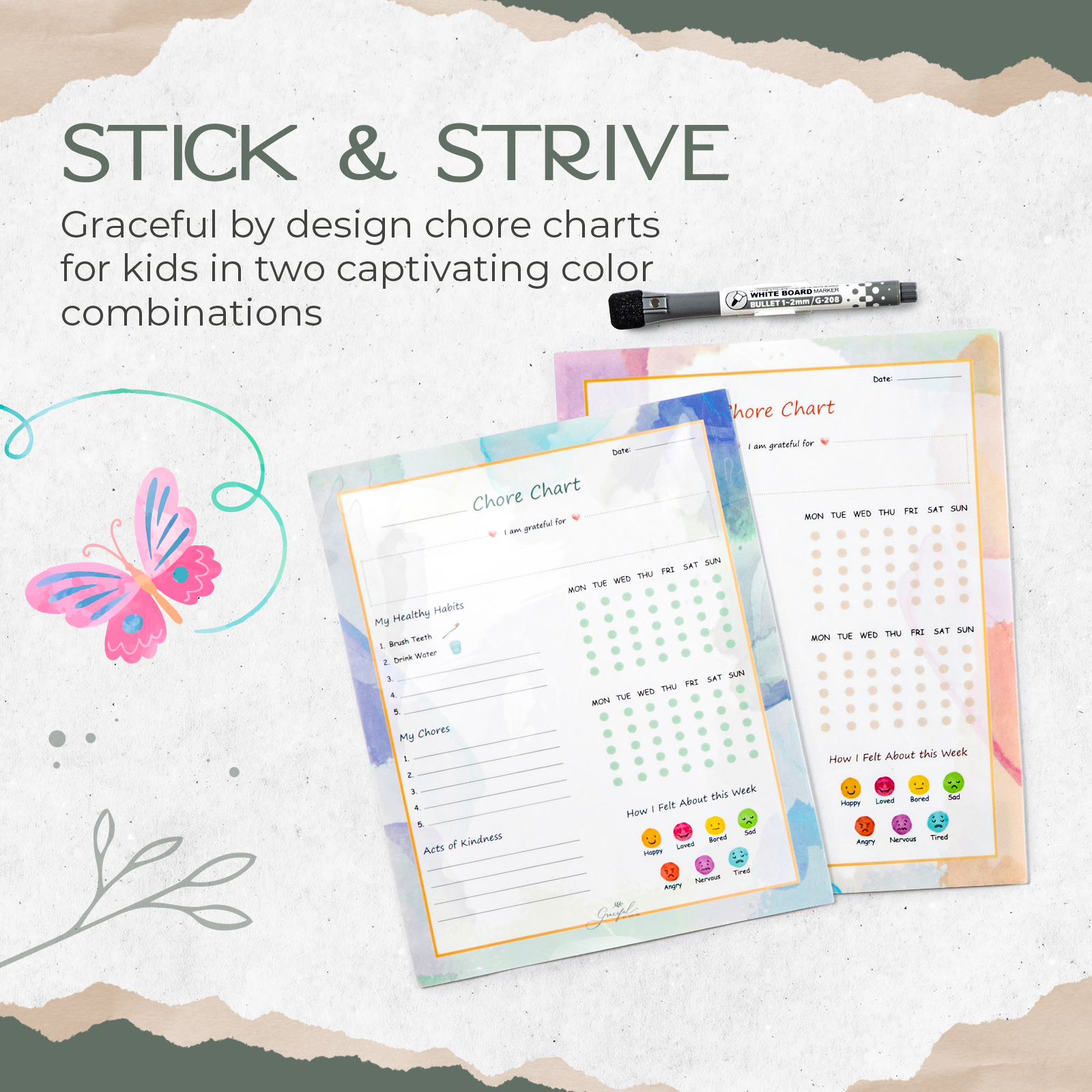 Flexible Stick Weekly Chore Chart and Emotion Tracker for Kids - For Any Flat Surface