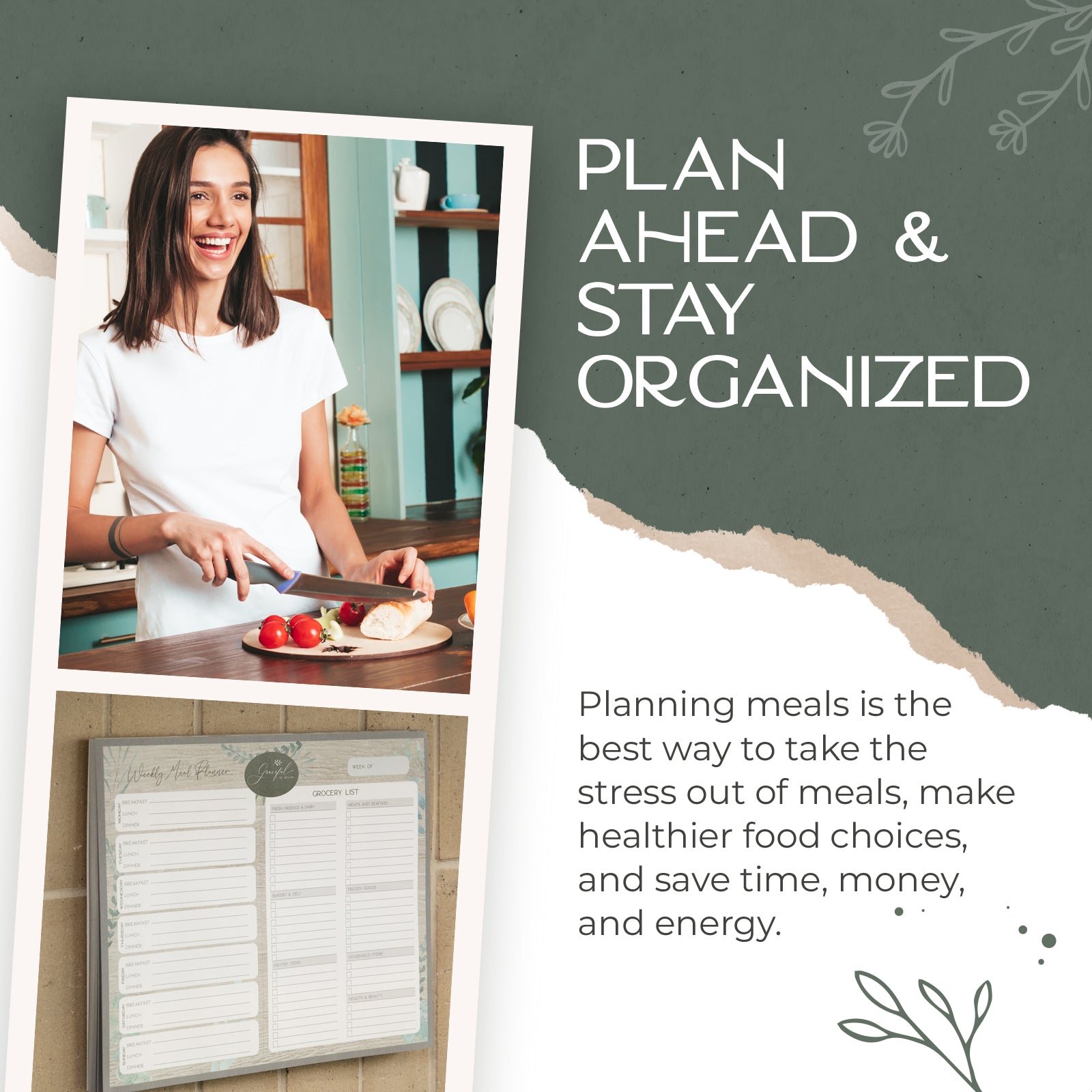 Weekly Meal Planner and Grocery List Notepad - Magnetic & Adhesive - Perforated Grocery List Categorized By Aisle